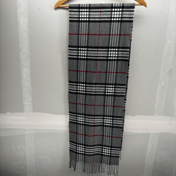 BEAUTIFUL GERMAN 100% CASHMERE HAND TAILORED GRAY SCARF PLAID FRINGED - Picture 2 of 5